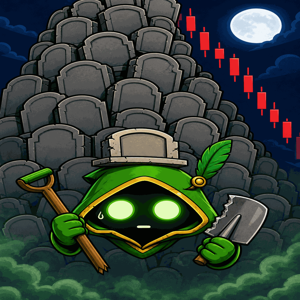 The Keeper holding a snapped shovel beneath a tower of grave markers