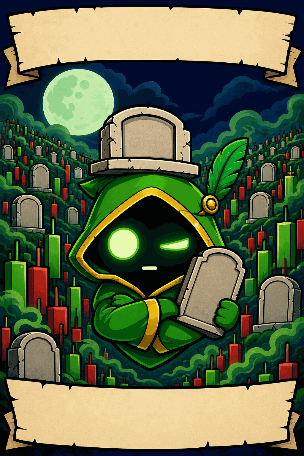 The Keeper holding a blank grave marker in a moonlit candle graveyard